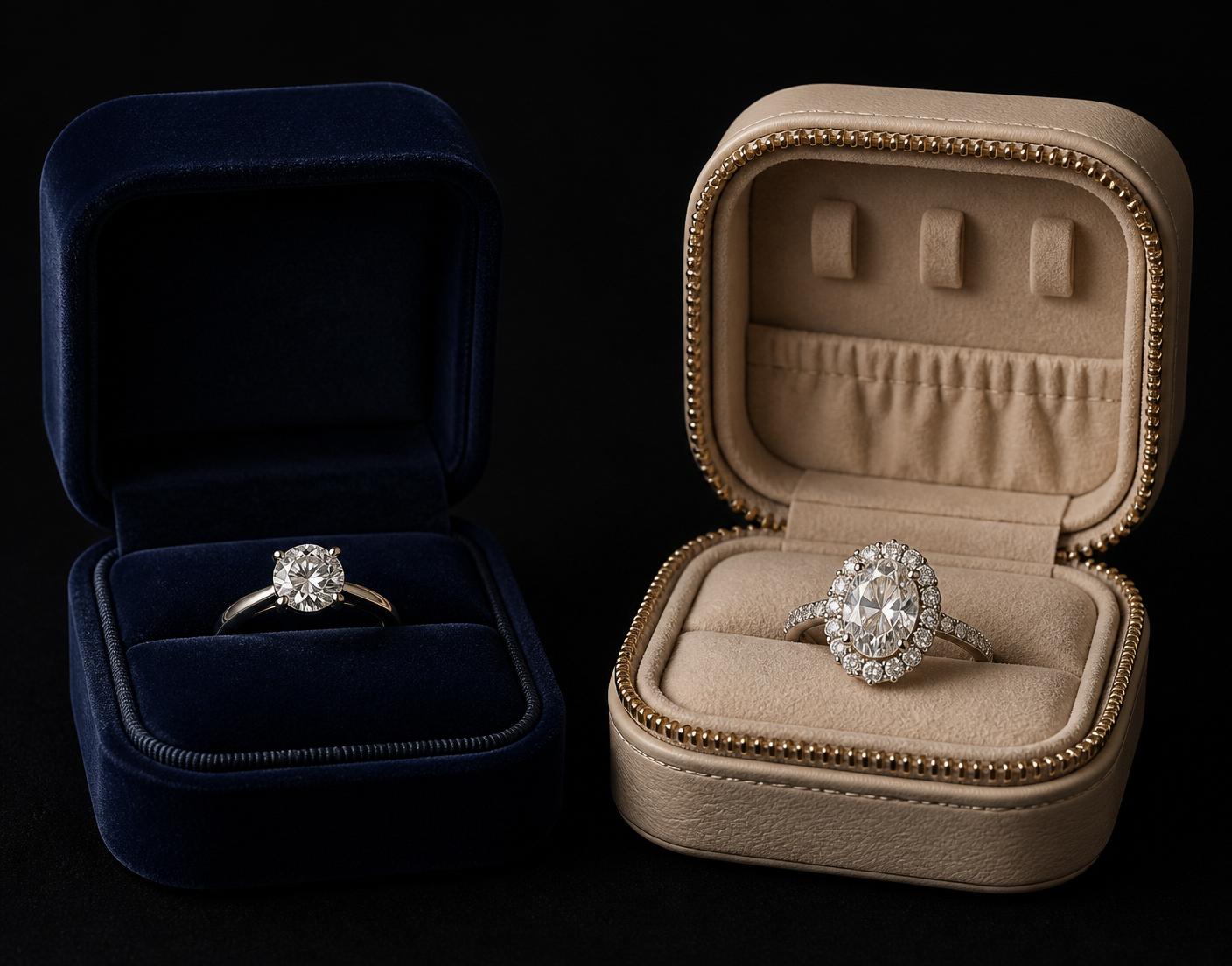 A classic engagement ring in a velvet box beside an OBJKTS travel ring in a travel case