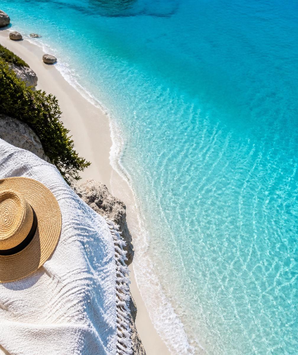 Crystal-clear turquoise water meeting a white sand beach
